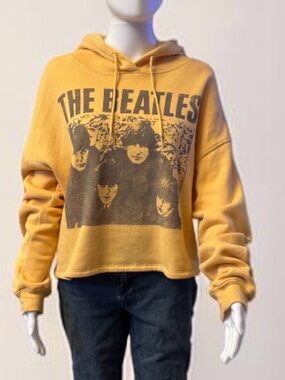 The Beatles Mustard Yellow Graphic Cropped  Hoodie